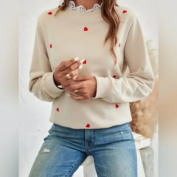 SHEIN Frenchy Heart Embroidery Contrast Lace Sweatshirt Size M UK 10 - Picture 5 of 13